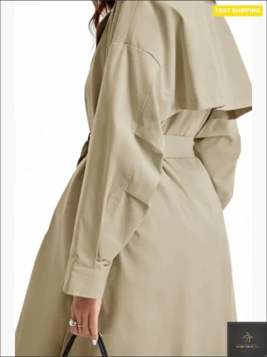Oversized Double Breasted Trench Coat Classic Elegant Chic Belted Overcoat - Picture 4 of 7